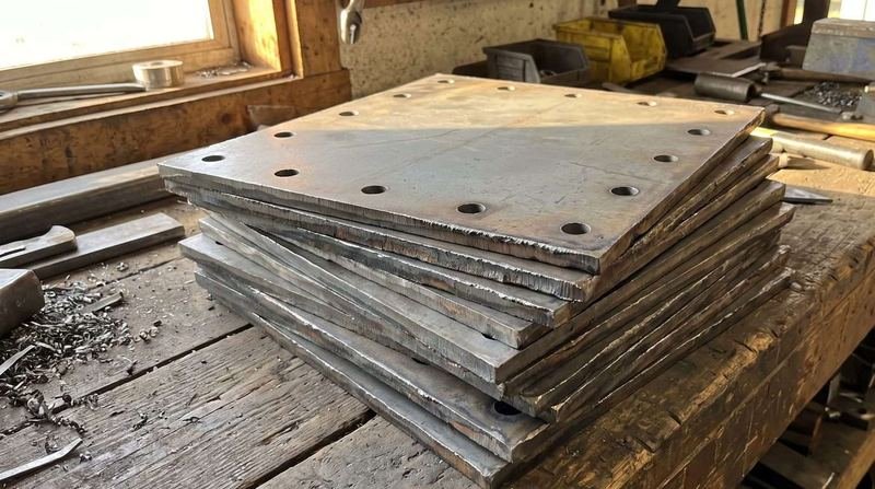 Stack of square steel base plates with drilled bolt holes on a workbench