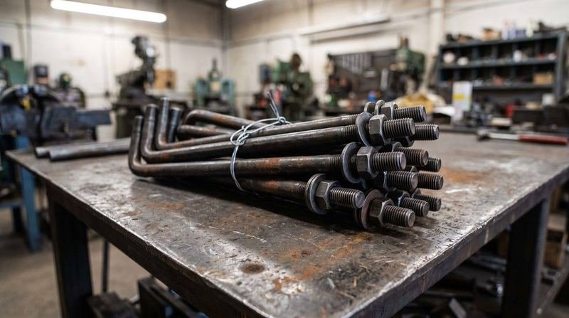 Bundle of L-type anchor bolts with nuts and washers