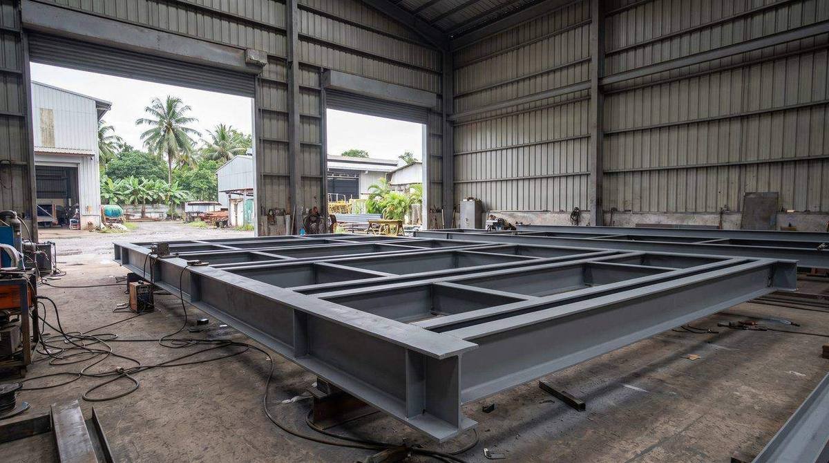 Welded steel frame of beams and channels in grey primer on a shop floor