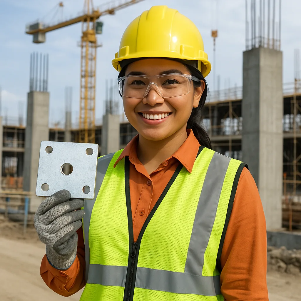 Engineer in a yellow hard hat and hi-vis vest holding up a drilled base plate on a construction site