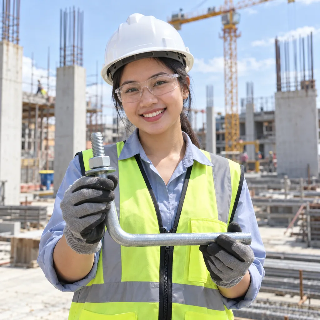 Smiling worker in a white hard hat, safety glasses, hi-vis vest and gloves holding an L-shaped galvanized anchor bolt with its nut and washer at a building site
