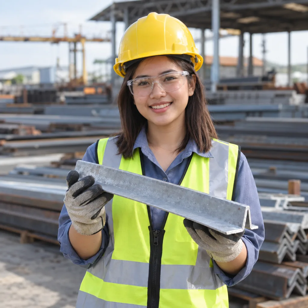 Smiling worker in a yellow hard hat, safety glasses, hi-vis vest and gloves holding a short length of galvanized steel angle bar at a building site