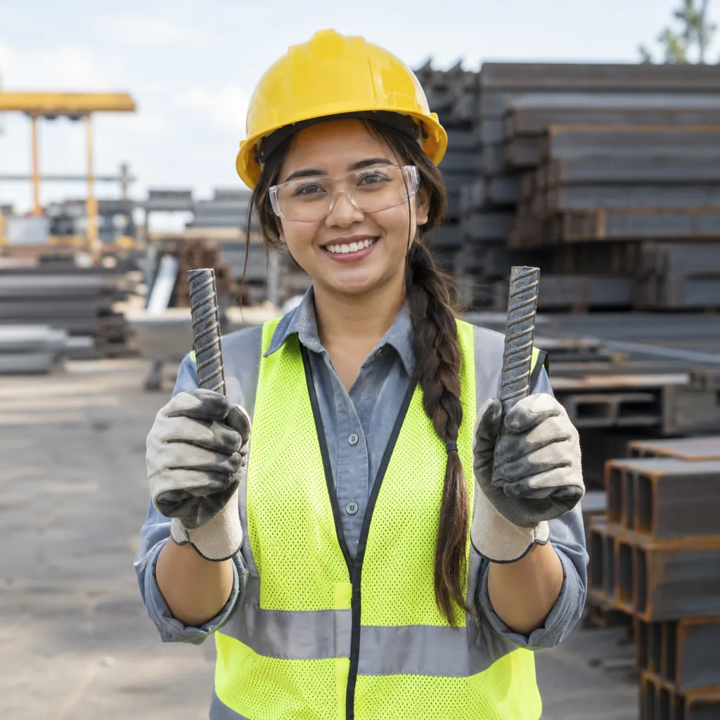 Smiling worker in a yellow hard hat, safety glasses, hi-vis vest and gloves holding two short pieces of ribbed deformed bar at a building site