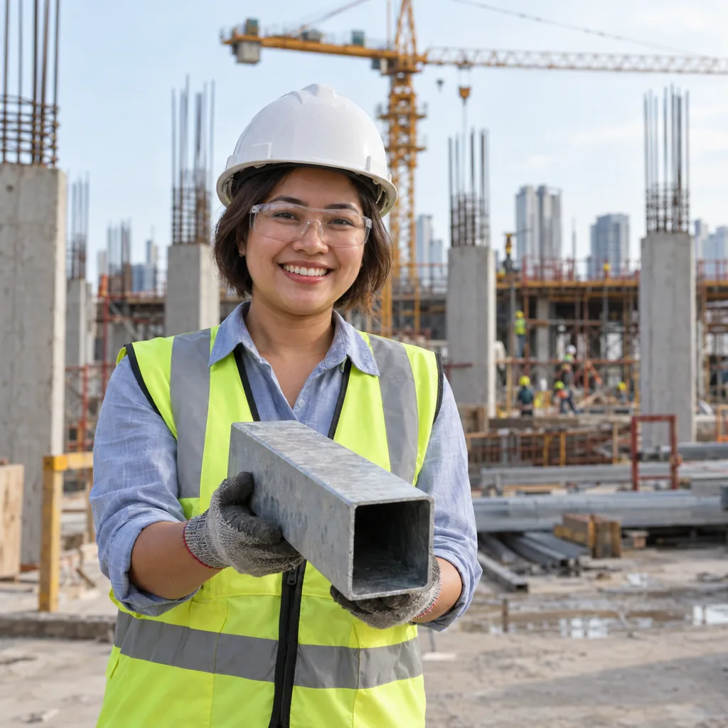 Smiling worker in a white hard hat, safety glasses, hi-vis vest and gloves holding a short piece of galvanized square steel tube at a building site