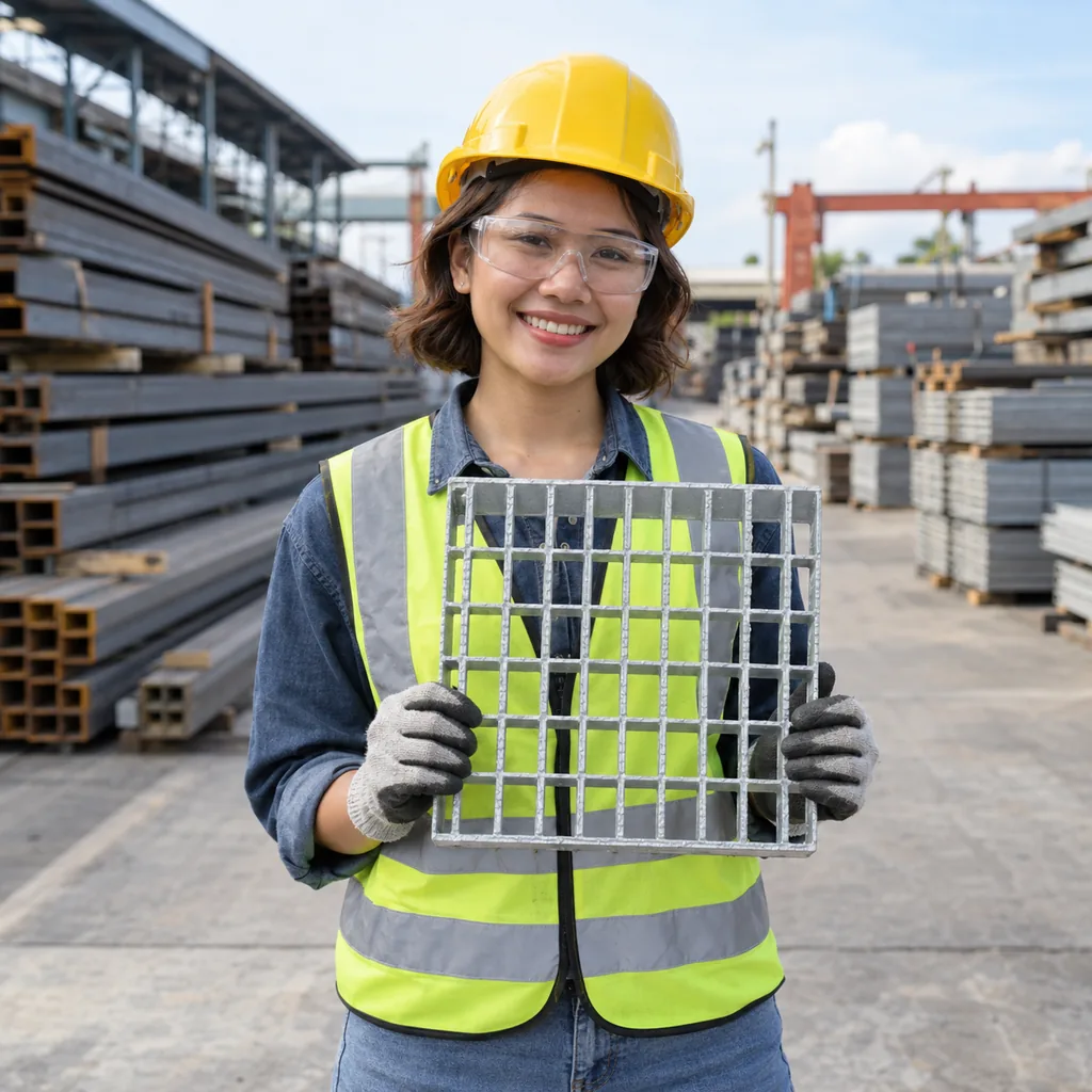 Smiling worker in a yellow hard hat, safety glasses, hi-vis vest and gloves holding up a panel of galvanized steel bar grating in a steel yard