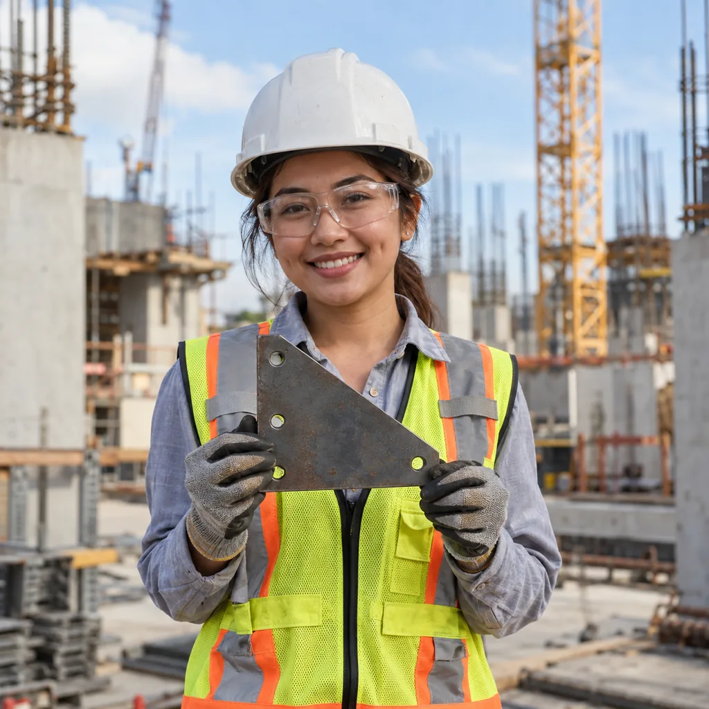 Smiling worker in a white hard hat, safety glasses, hi-vis vest and gloves holding a triangular steel gusset plate with bolt holes at a building site