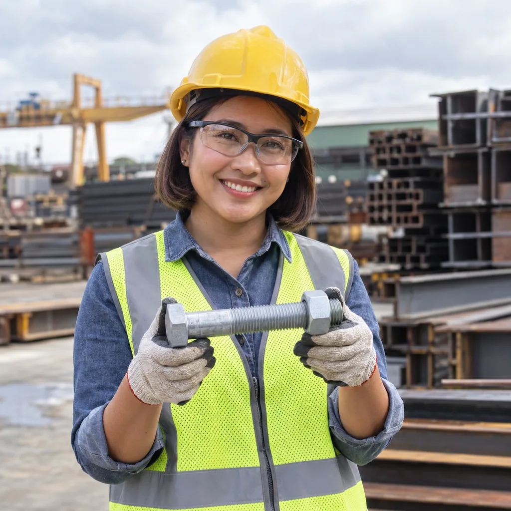 Smiling worker in a yellow hard hat, safety glasses, hi-vis vest and gloves holding a large galvanized hex bolt with its nut at a building site