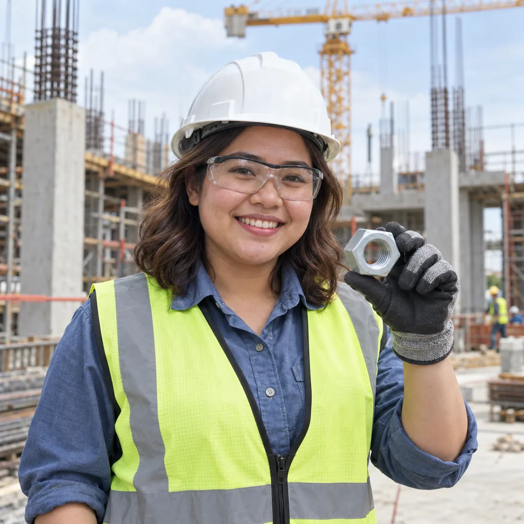 Smiling worker in a white hard hat, safety glasses, hi-vis vest and gloves holding a heavy galvanized hex nut at a building site