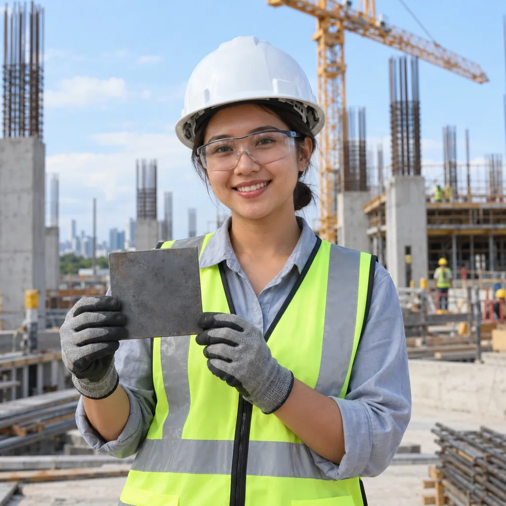 Smiling worker in a white hard hat, safety glasses, hi-vis vest and gloves holding a small square mild steel plate at a building site