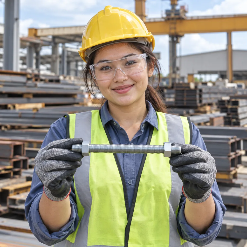 Smiling worker in a yellow hard hat, safety glasses, hi-vis vest and gloves holding a fully threaded stud bolt with a nut near each end at a building site