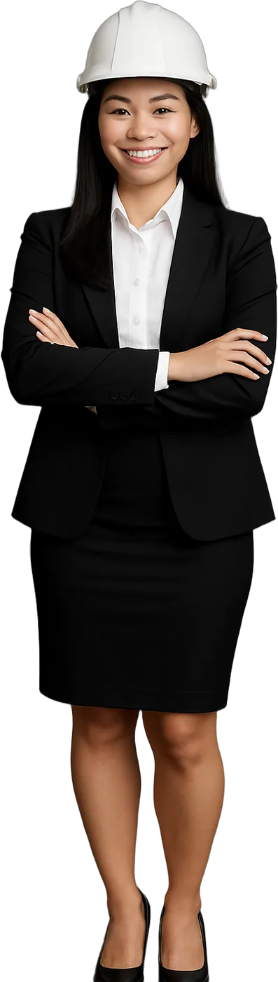 Smiling woman in a white hard hat and black suit, arms crossed