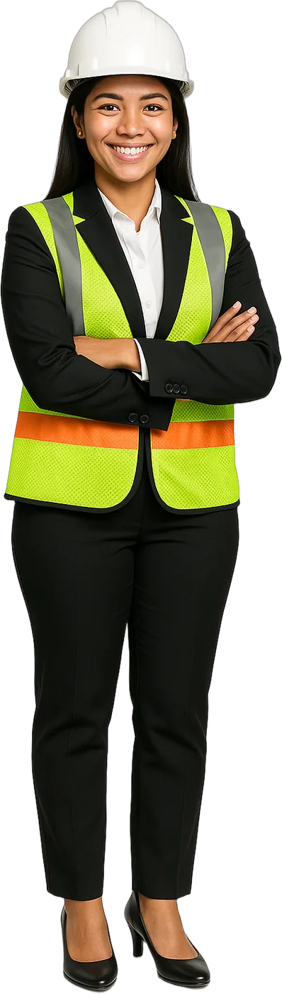 Smiling woman in a white hard hat and hi-vis vest, arms crossed