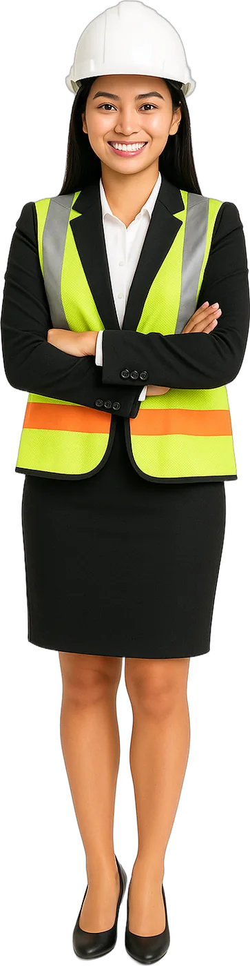 Smiling woman in a white hard hat, black blazer and hi-vis vest, arms crossed